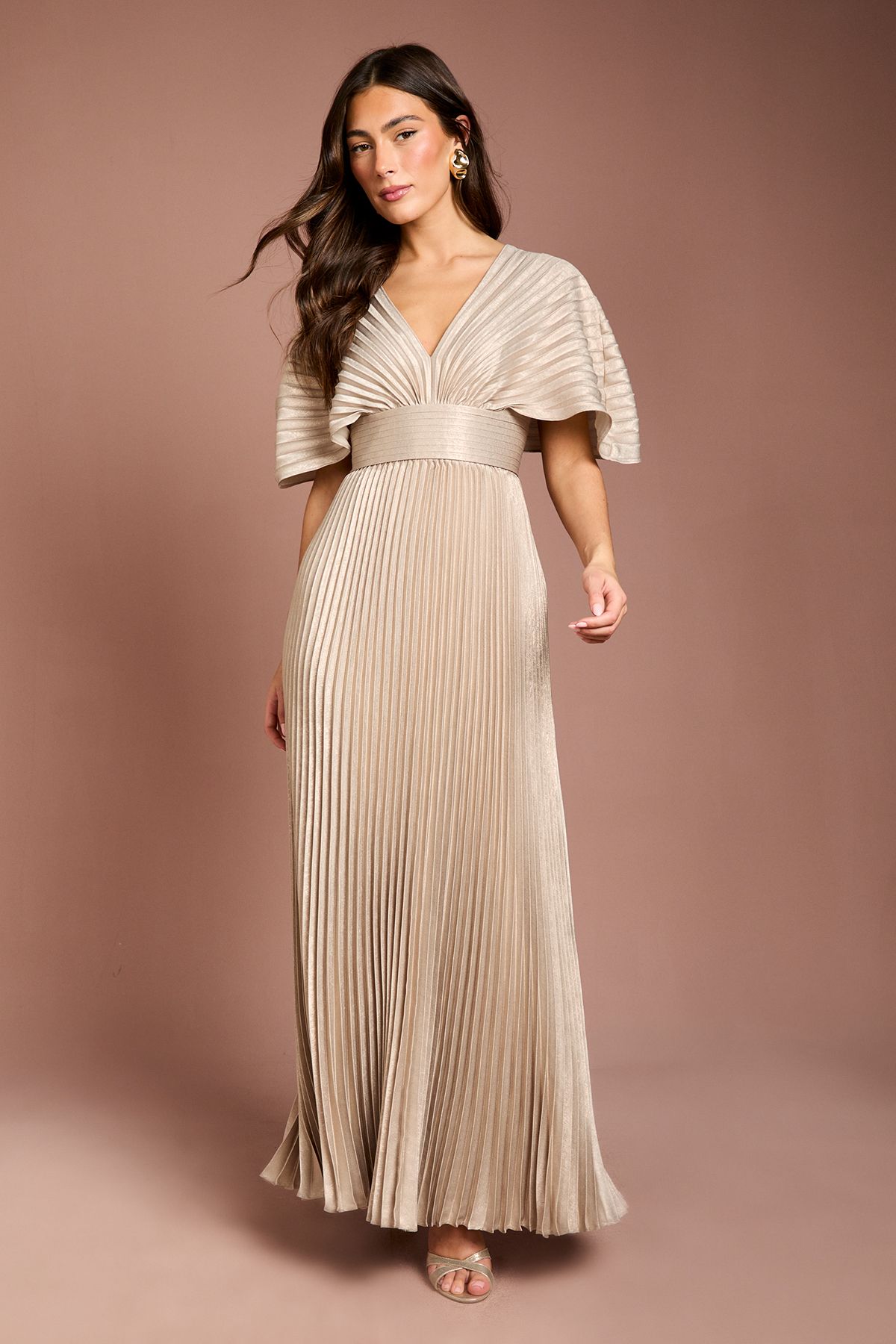 Coast Batwing Pleated Metallic Midaxi Dress Gold