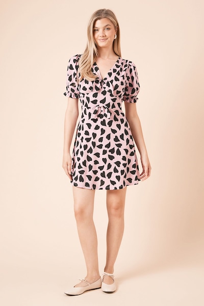 Dorothy Perkins Pink Heart Bow Front Puff Sleeve Mini Dress Pink