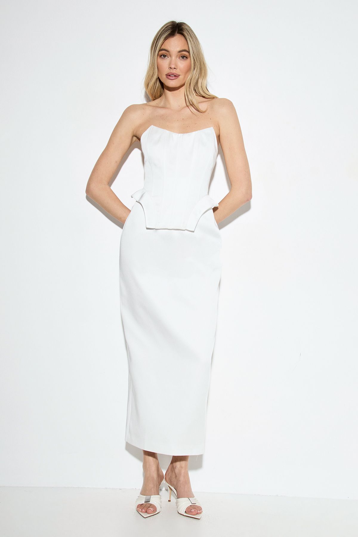 MissPap Premium Bonded Satin Corset Midaxi Dress Ivory image 1