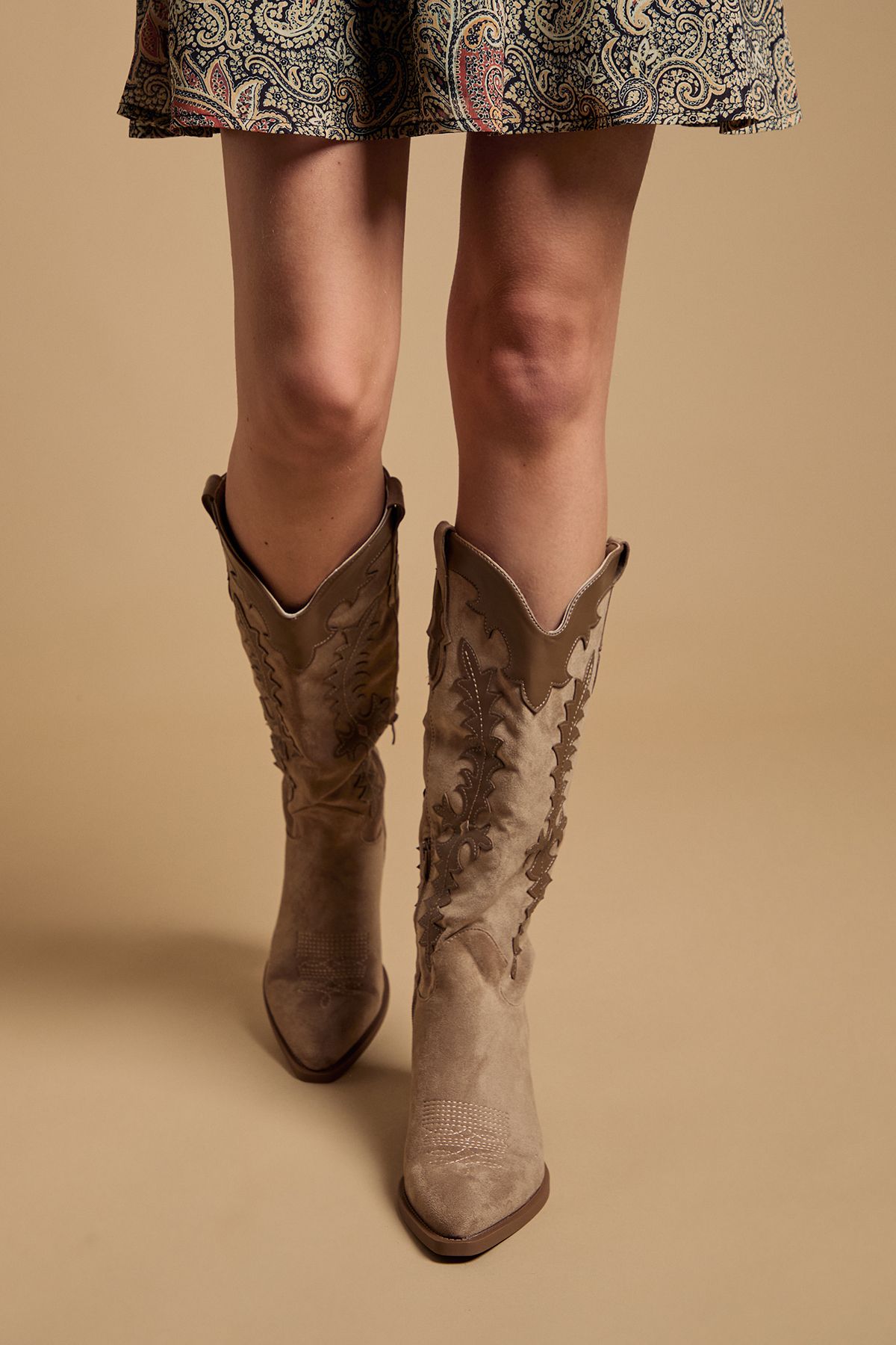 Oasis Jessie Faux Suede & Leather Western Cowboy Calf Boots Beige image 2