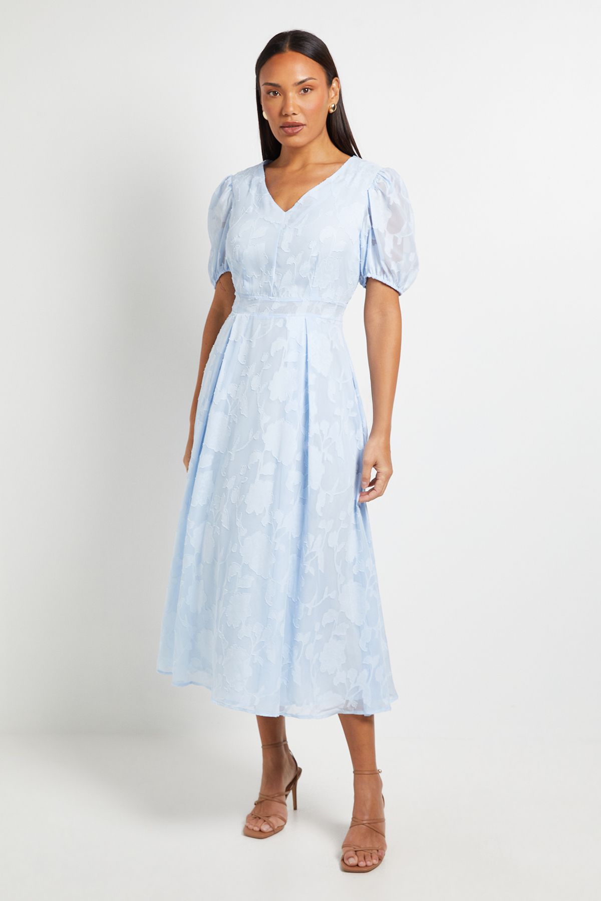Principles Floral Jacquard Puff Sleeve Midi Dress Light Blue
