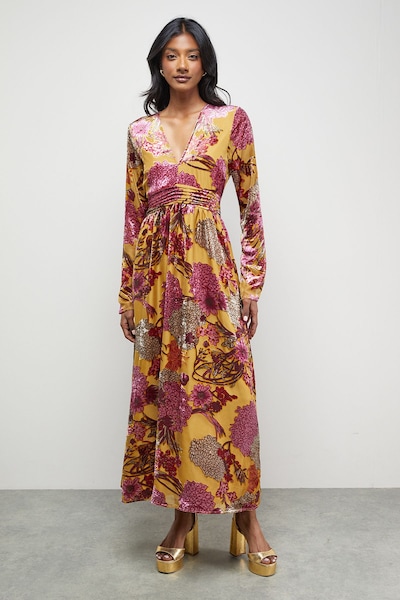 Warehouse Burnout Velvet Plunge Neck Waisted Midi Dress Ochre