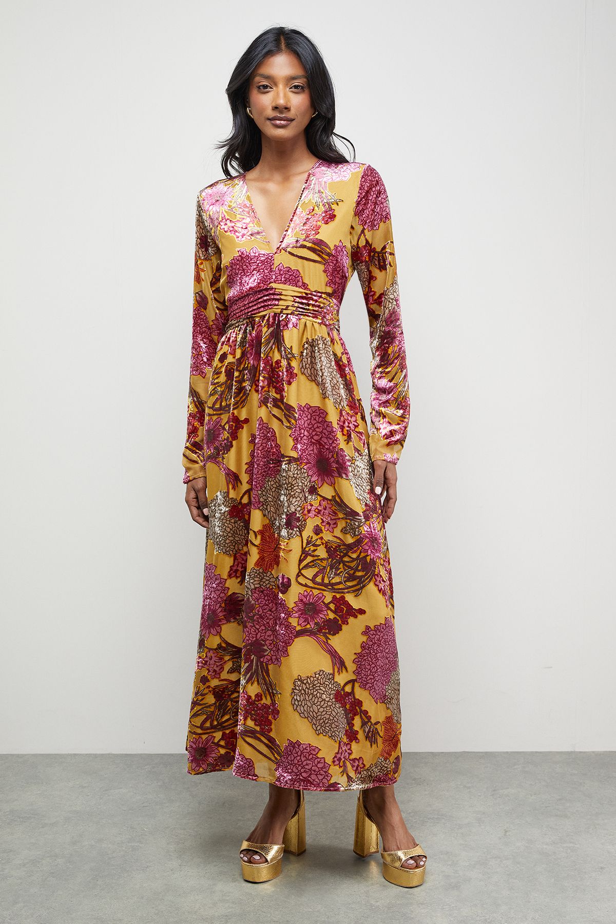 Warehouse Burnout Velvet Plunge Neck Waisted Midi Dress Ochre image 1