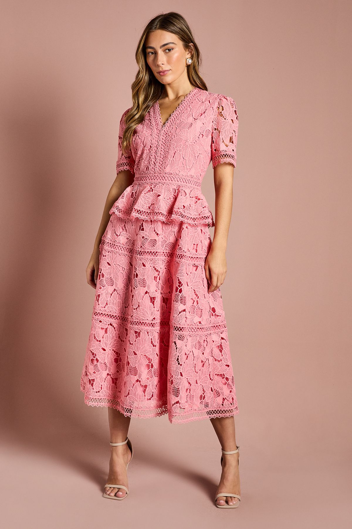 Coast V Neck Peplum Tiered Lace Midi Dress Coral