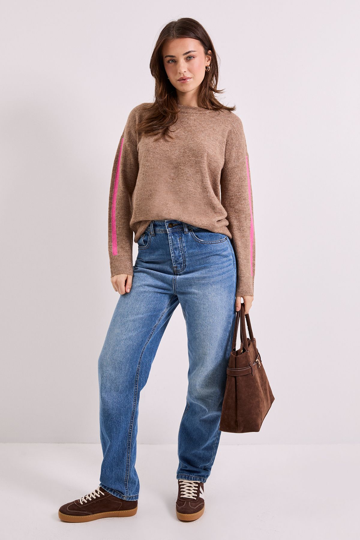 Dorothy Perkins Stripe Sleeve Crew Neck Jumper Camel image 2