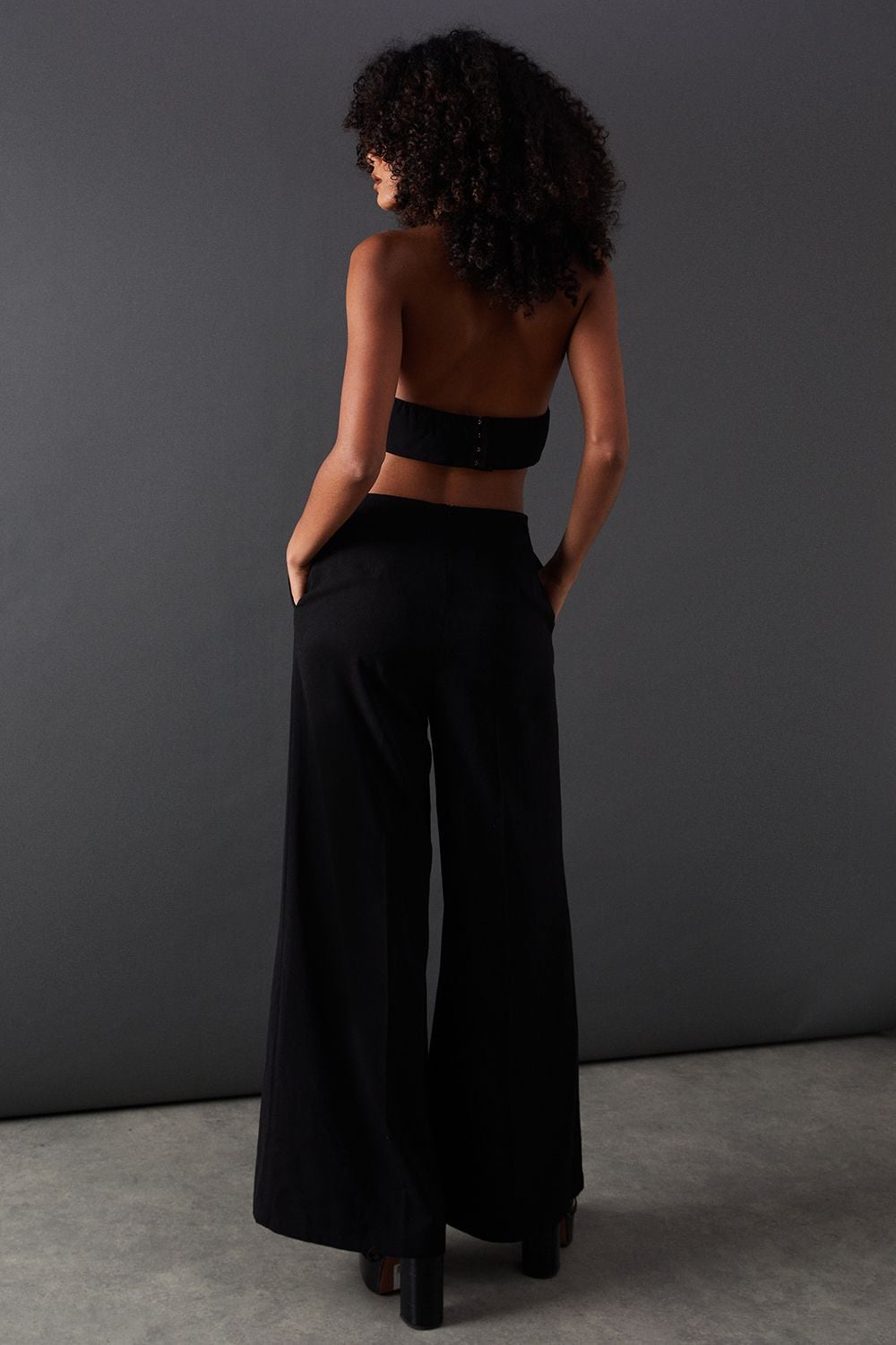 Warehouse Open Back Halter Neck Wide Leg Jumpsuit Black image 3