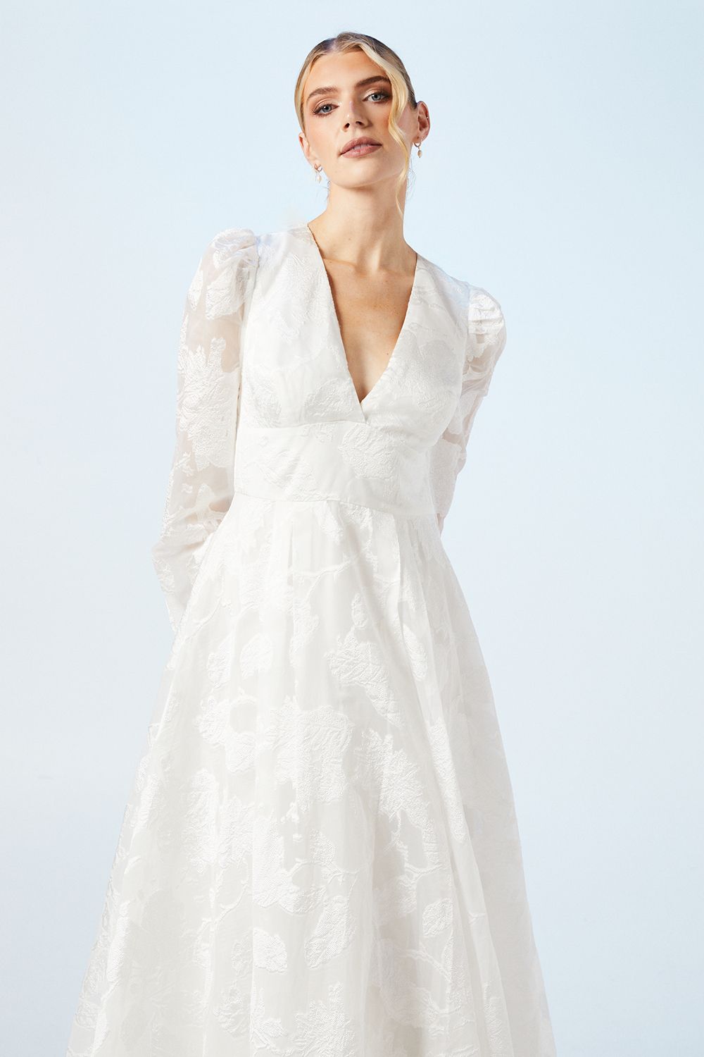 Coast Plunge Neck Organza Jacquard Blouson Sleeve Wedding Dress Ivory image 2