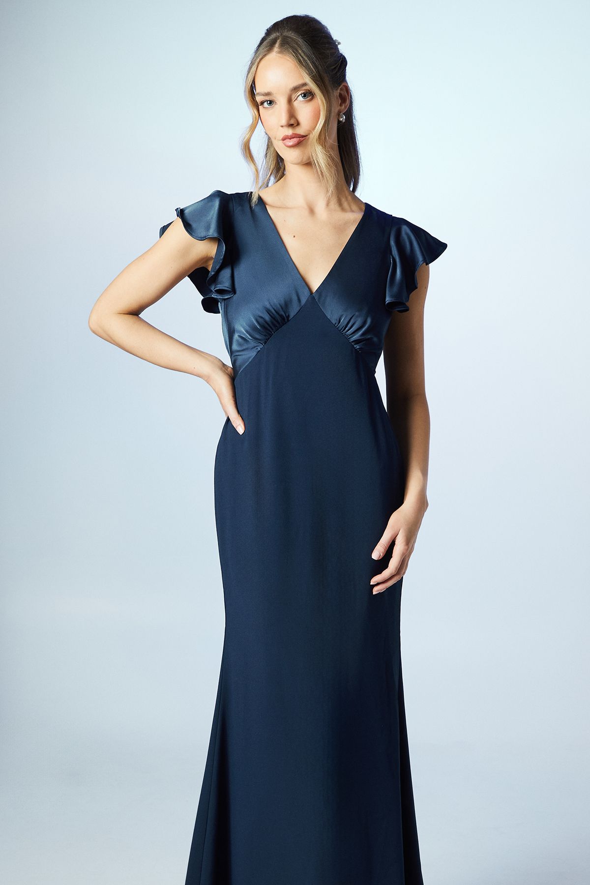 Coast Coast Honoured V Neck Angel Short Sleeve Satin Maxi Bridesmaid Dress Navy image 2