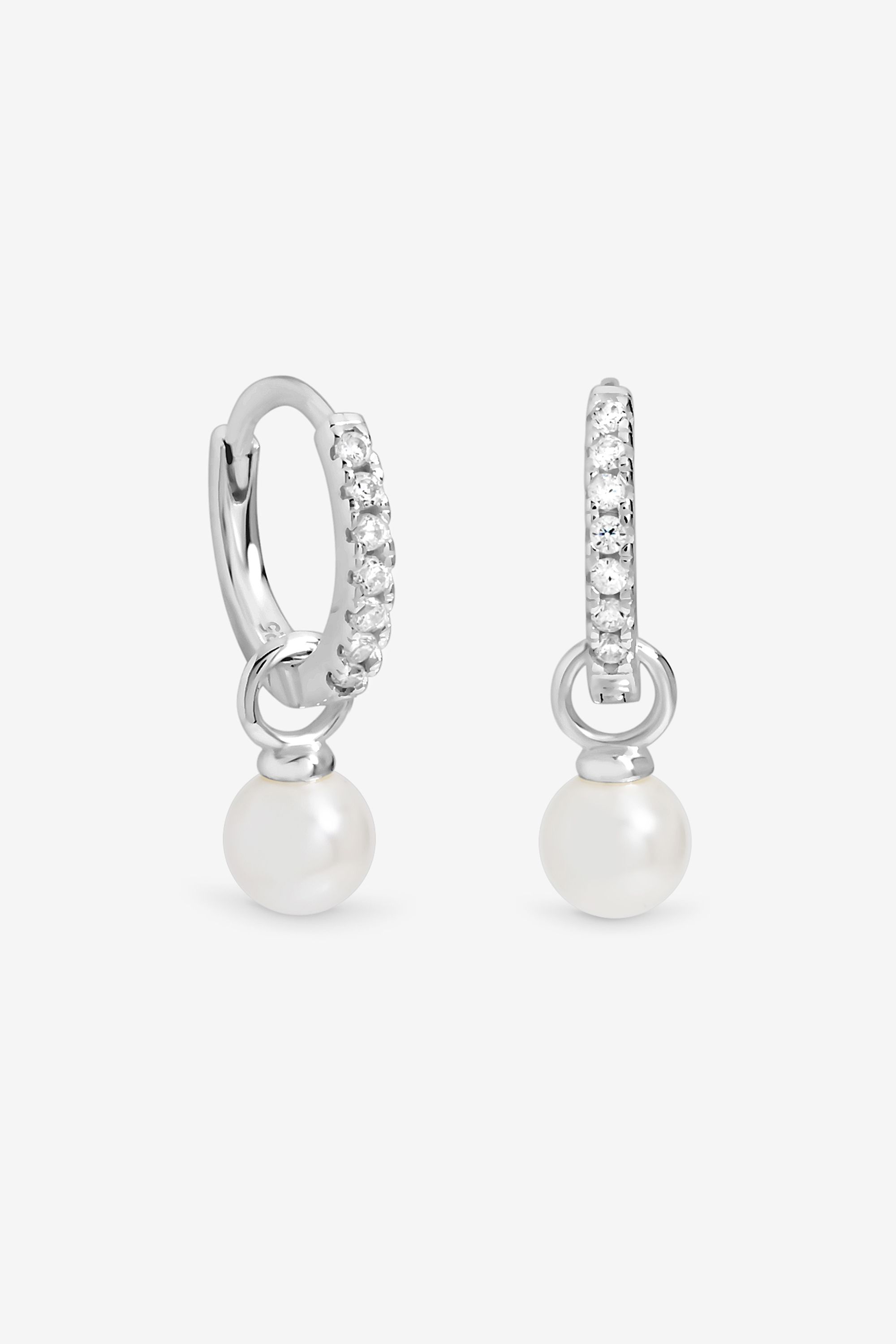 Simply Silver Sterling Silver 925 Cubic Zirconia Pave Pearl Hoop Earrings image 1