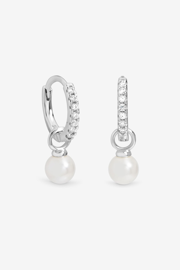 Simply Silver Sterling Silver 925 Cubic Zirconia Pave Pearl Hoop Earrings