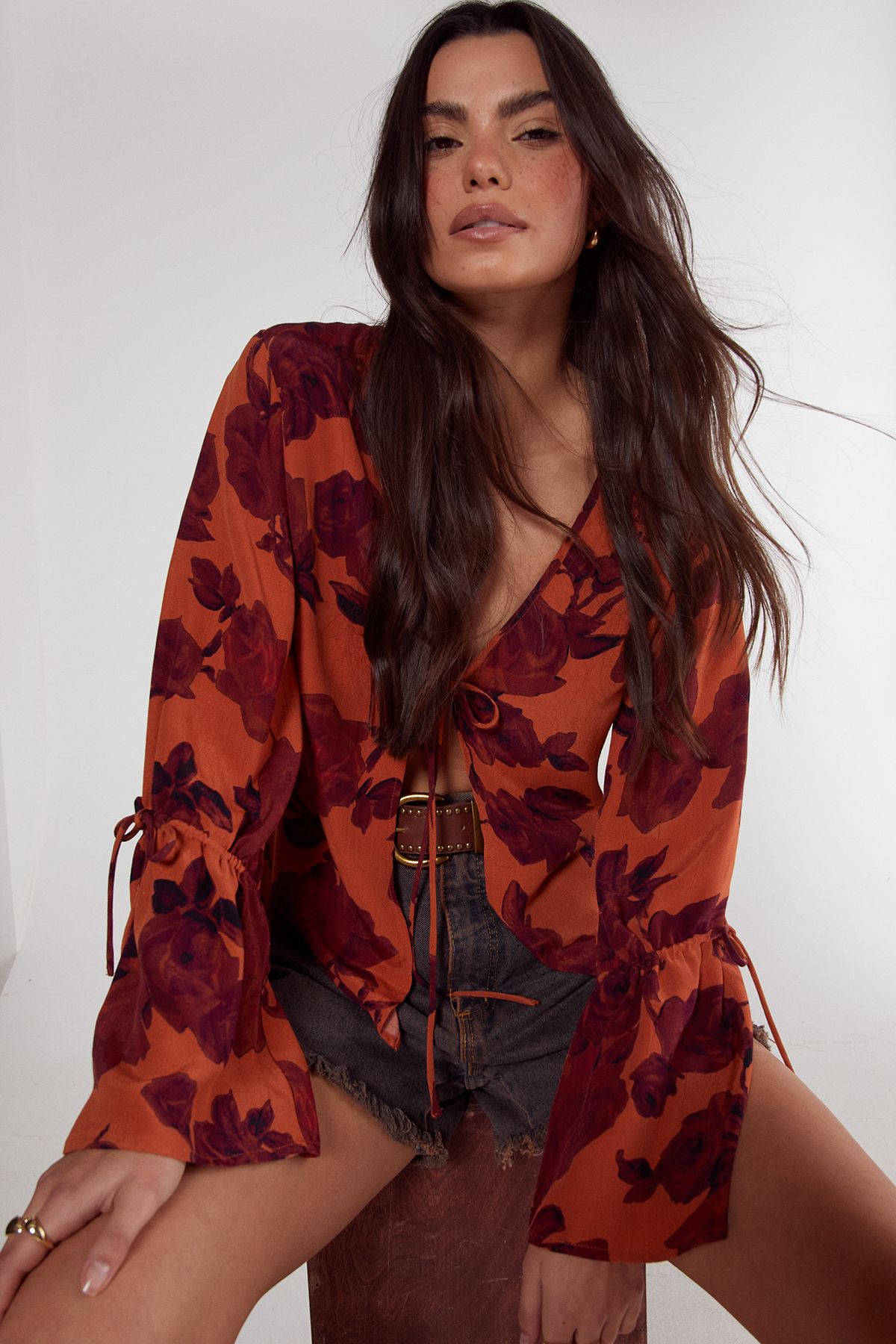 NastyGal Vintage Floral Tie Detail Fluted Sleeve Top Rust image 1