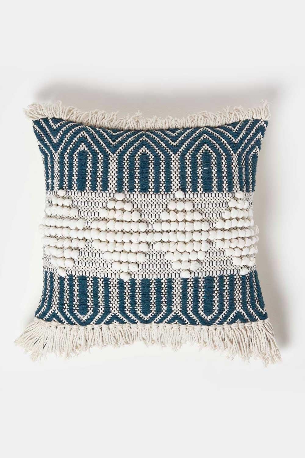 Homescapes Safi Handwoven Fringed Navy & Cream Kilim Cushion image 1