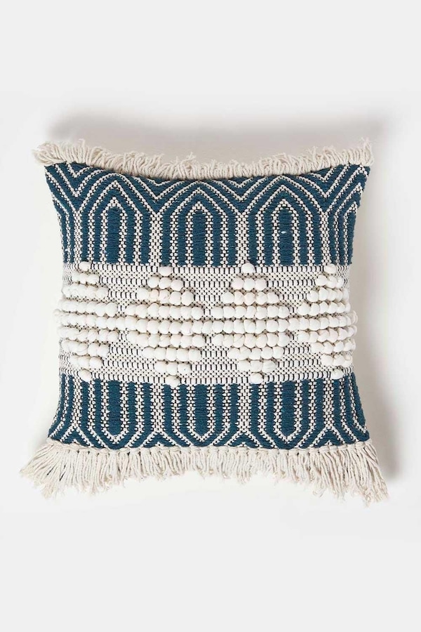 Homescapes Safi Handwoven Fringed Navy & Cream Kilim Cushion