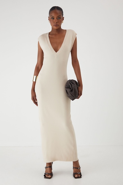 MissPap Rib Knit Plunge Sleeveless Vest Fitted Maxi Dress Stone