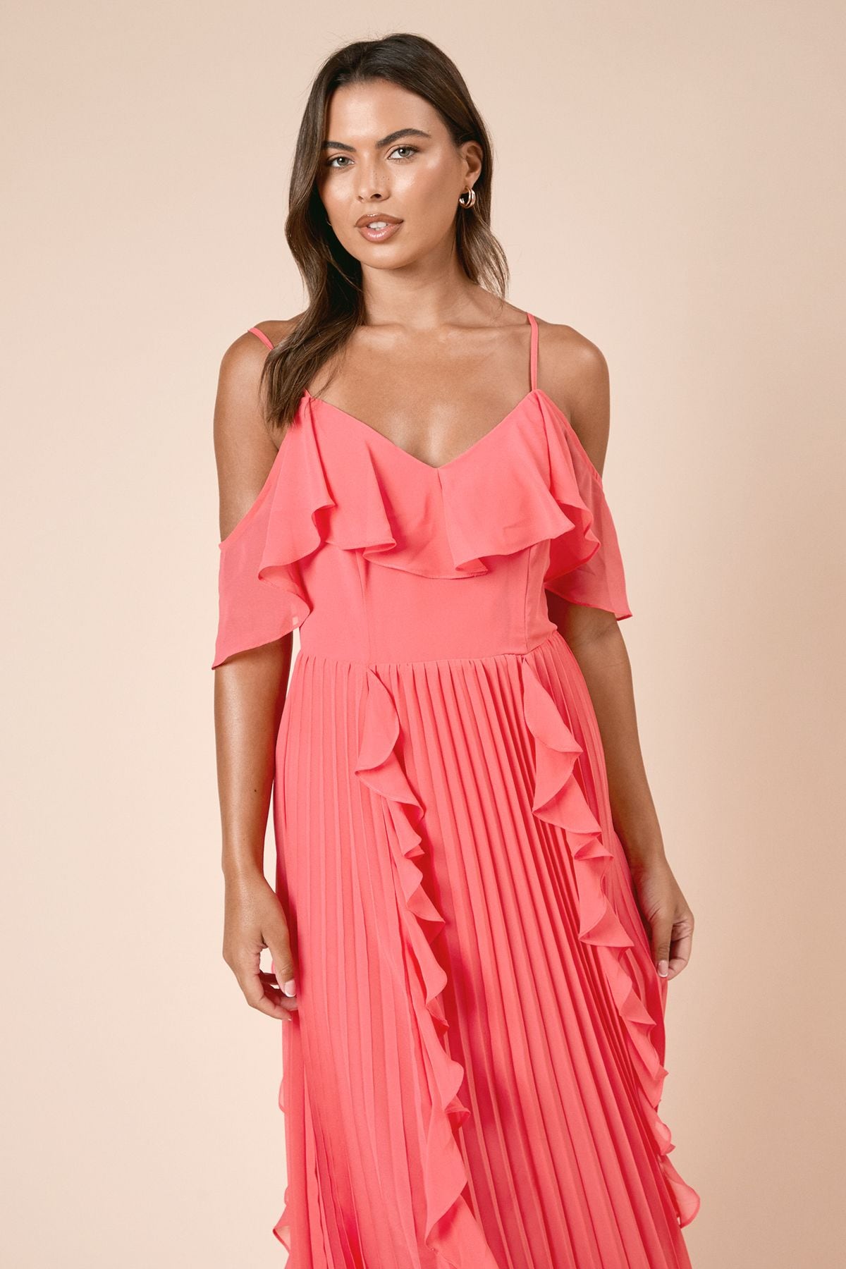 Dorothy Perkins DP Luxe Ruffle Front Cold Shoulder Midi Dress Coral image 2