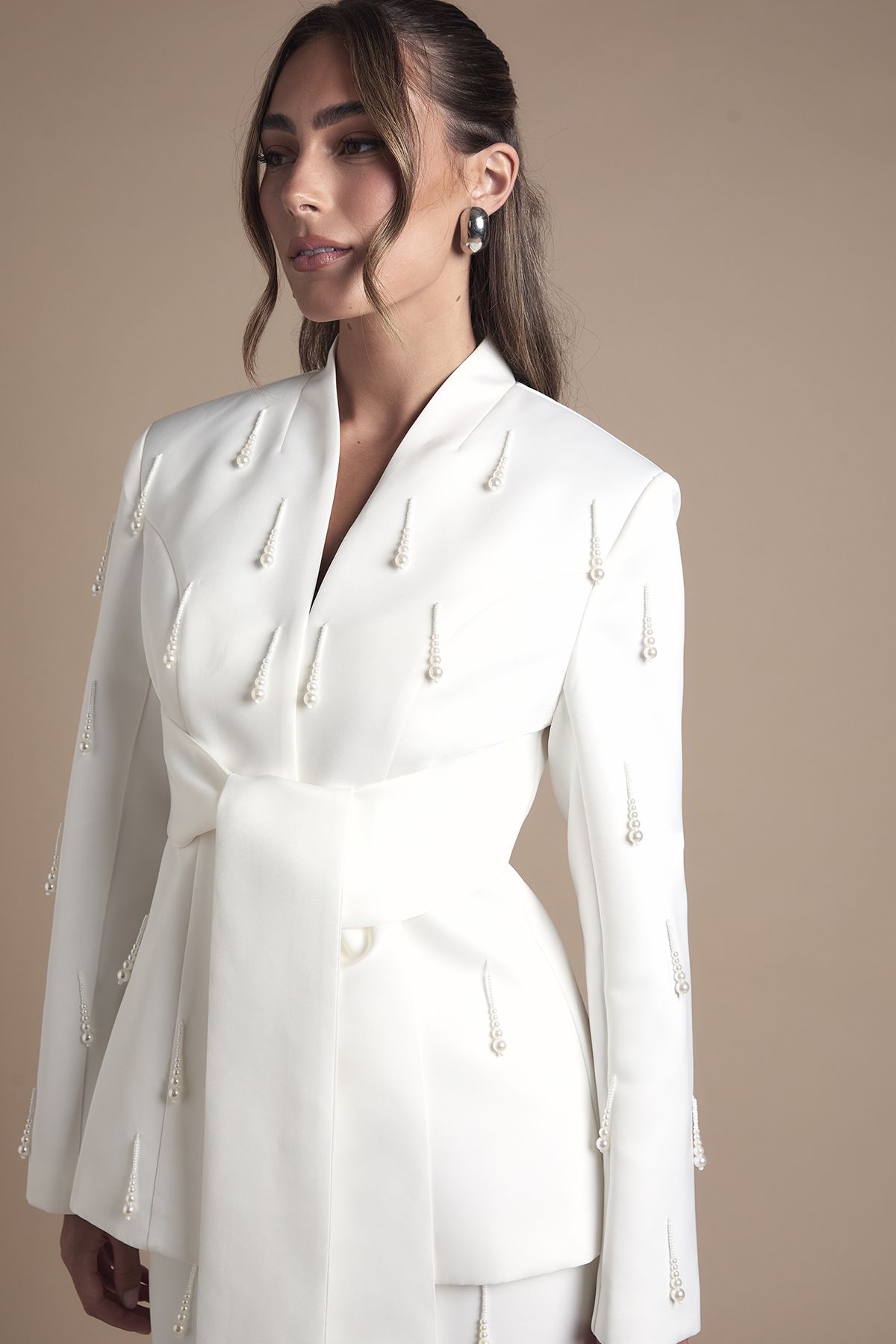 Coast Wrap Satin Bridal Blazer With Pearl White image 4