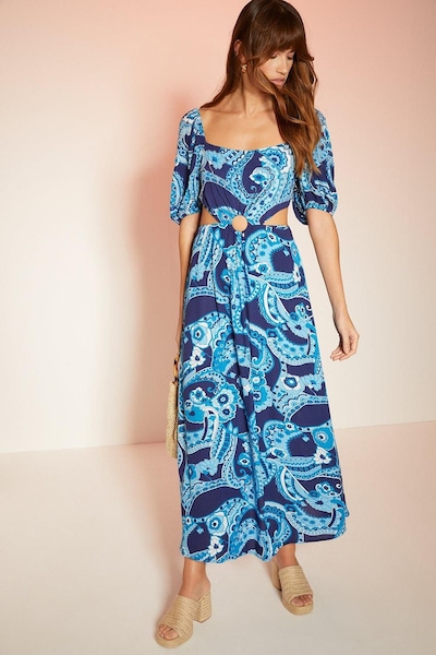 Oasis Embellished Paisley Floral Cut Out Midi Dress Blue