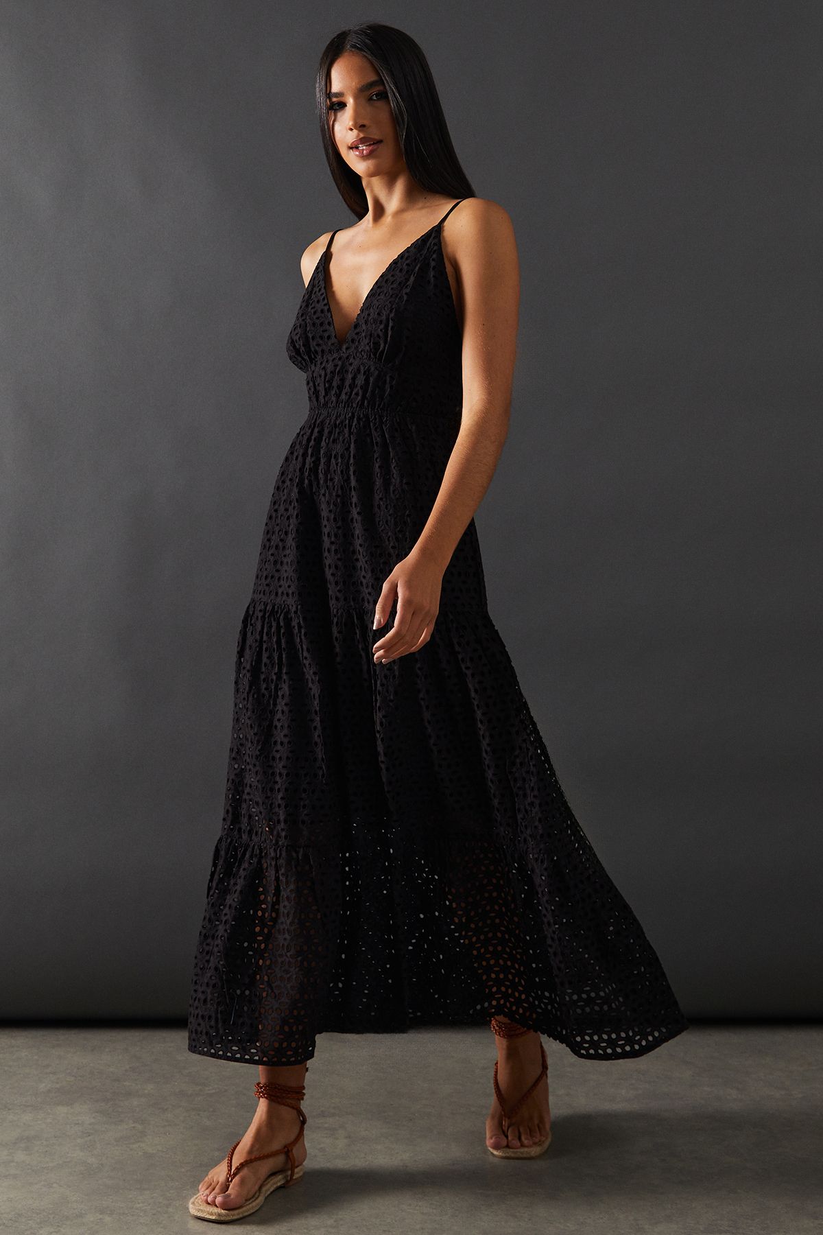 Warehouse Broderie Strappy Midi Sundress Black image 1