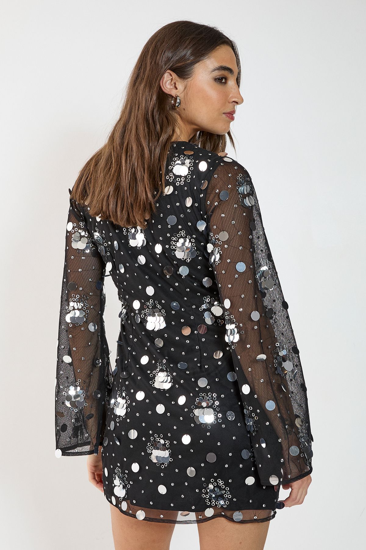 NastyGal Disc Cluster Embellished Lace Up Fluted Sleeve Mini Dress Black image 4