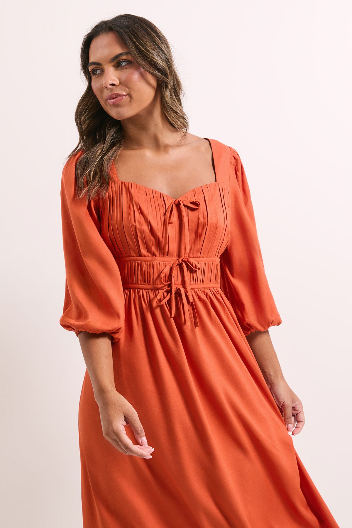 Dorothy Perkins Shirred Bodice Tie Detail Sweetheart Midi Dress Ochre image 2