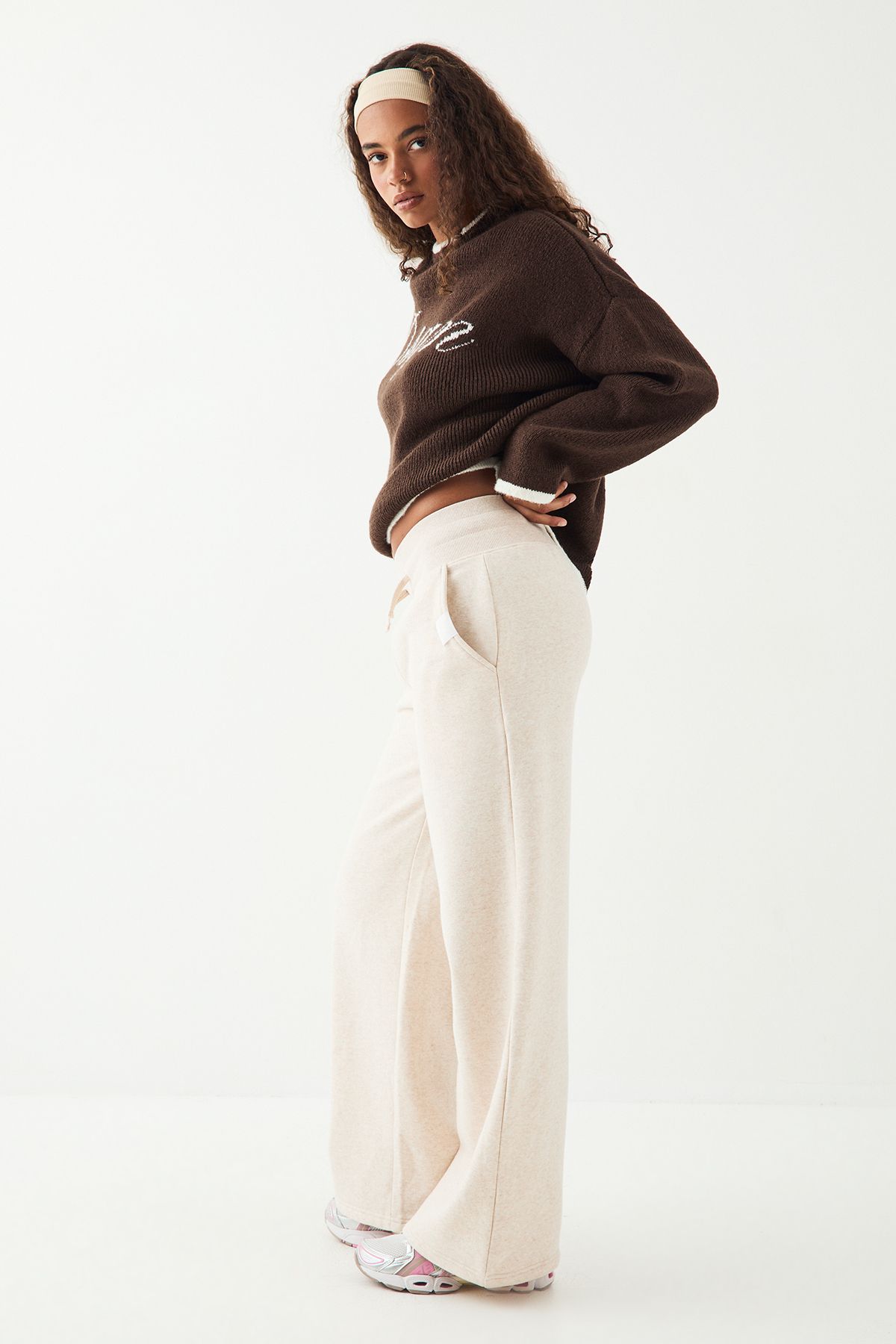 DSGN Studio DSGN Studio Deep Waistband Wide Leg Jogger Oatmeal image 3
