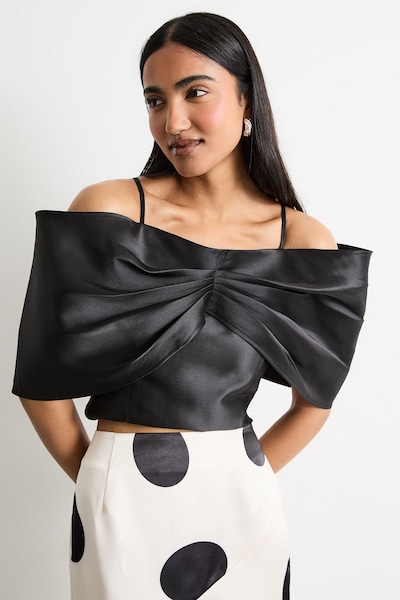 Warehouse Twill Jacquard Butterfly Sleeve Occasion Top Black