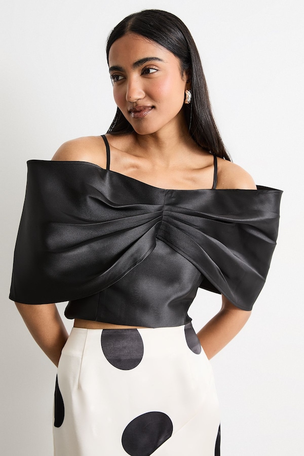 Warehouse Twill Jacquard Butterfly Sleeve Occasion Top Black