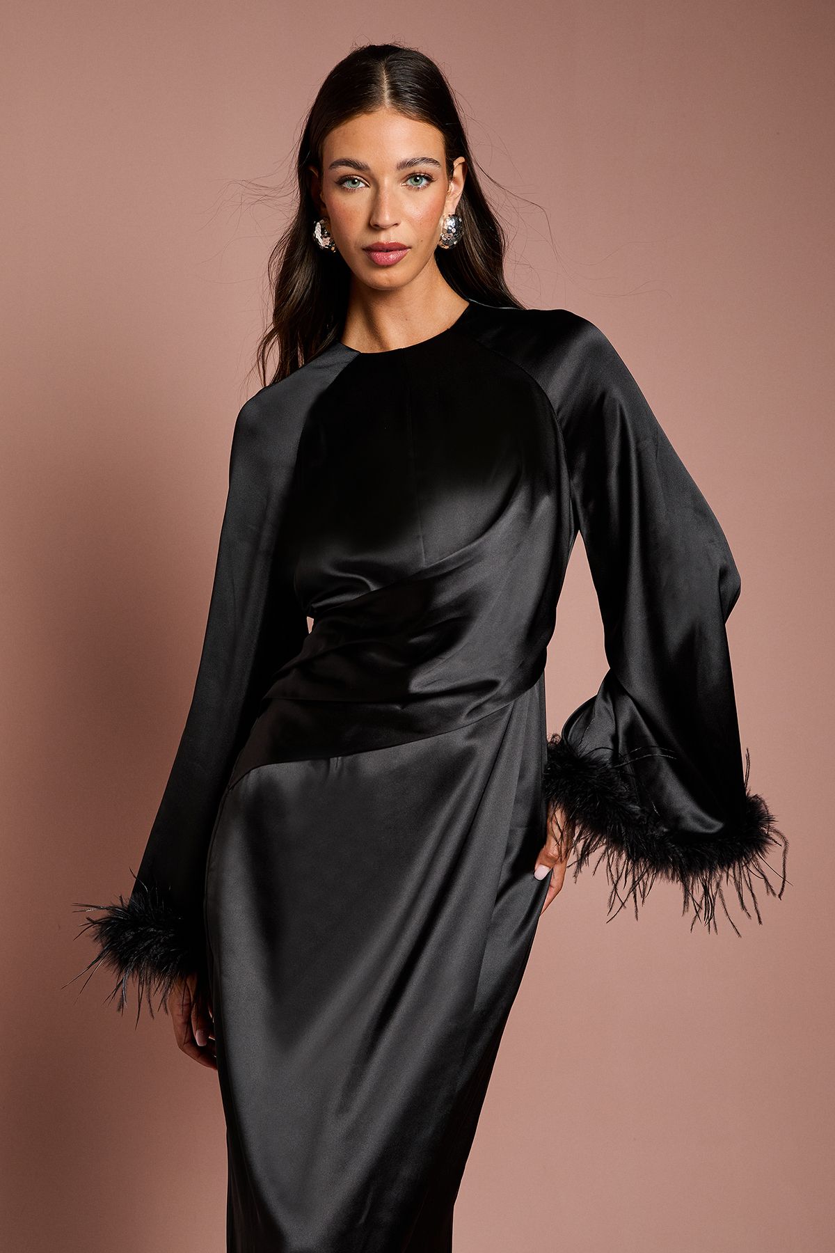 Coast Feather Trim Satin Maxi Dress Black image 2
