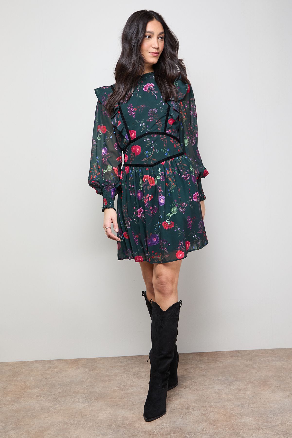 Oasis Shirred Detail Fit and Flare Mini Dress Multi image 1