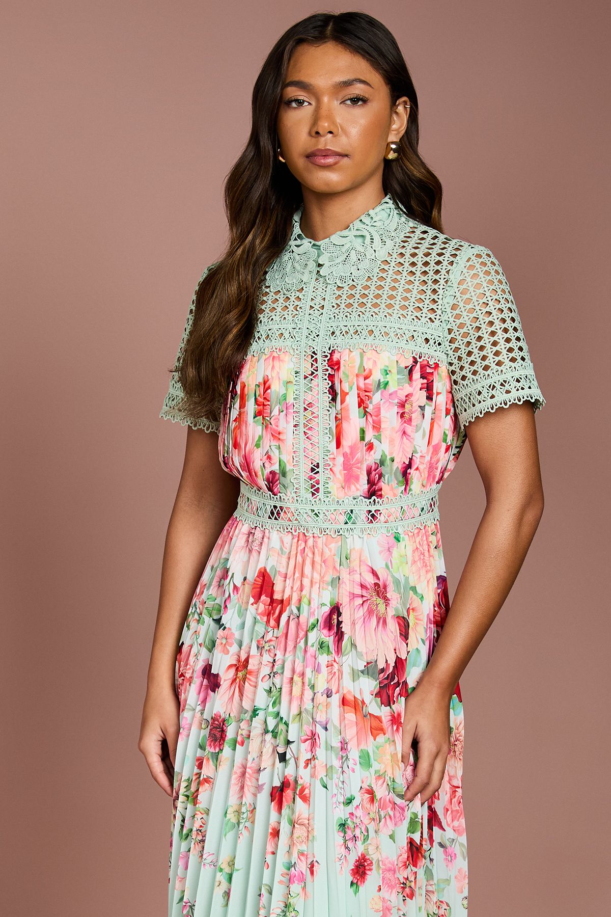 Coast Lisa Tan Lace Pleated Printed Midi Dress Sage image 2