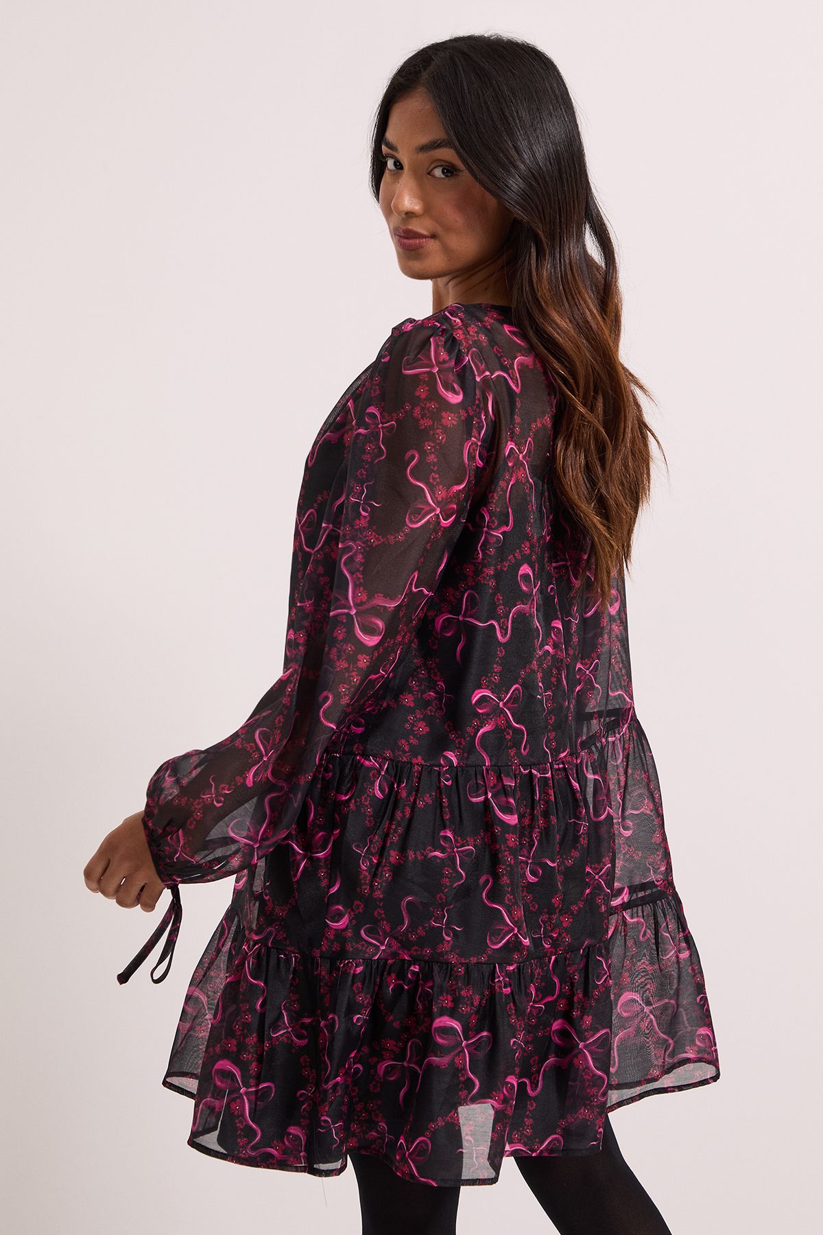 Dorothy Perkins Petite DP Luxe Printed Organza Blouson Sleeve Mini Dress Mono image 4