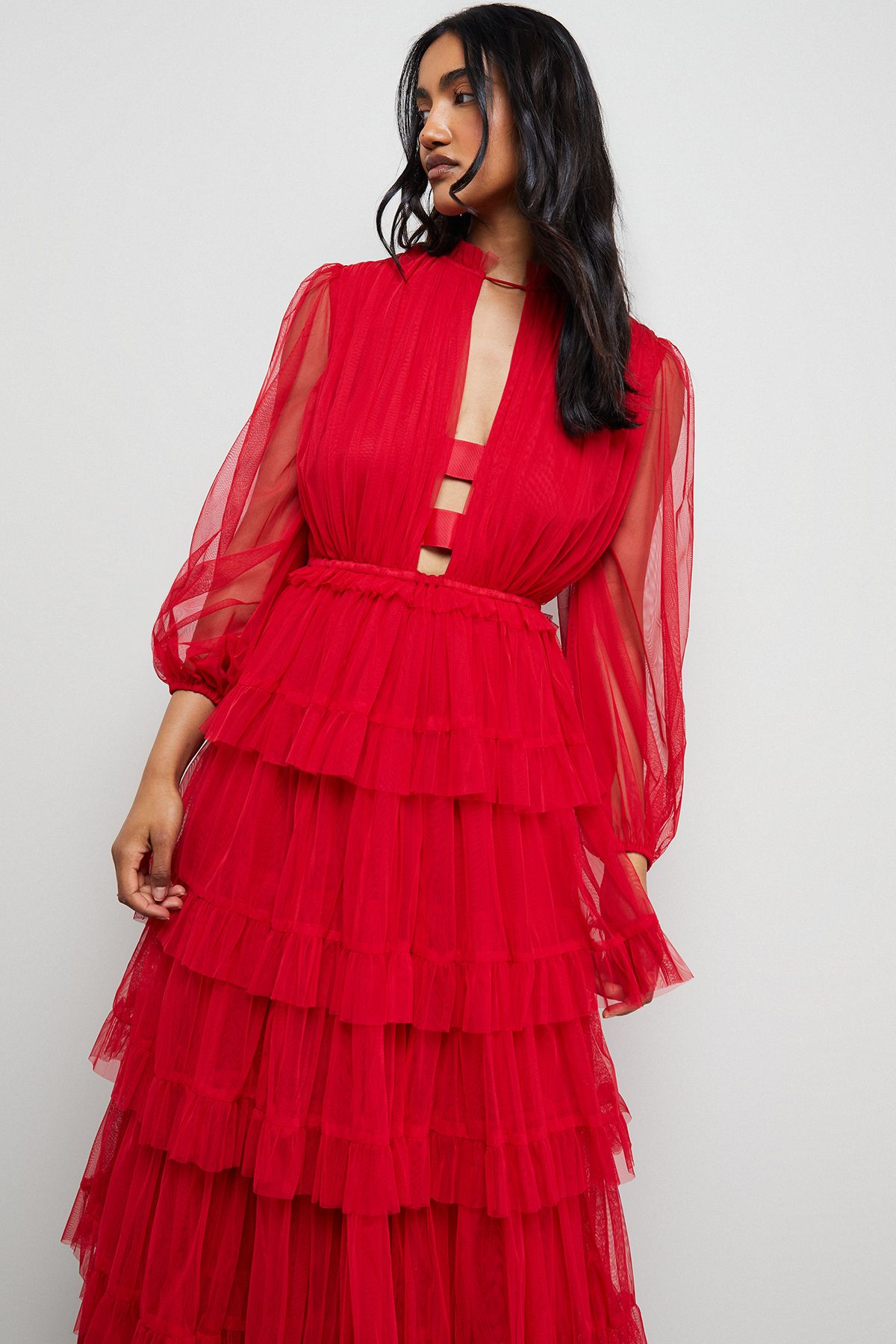 Warehouse Ruffle Neck Tulle Maxi Dress Red image 2