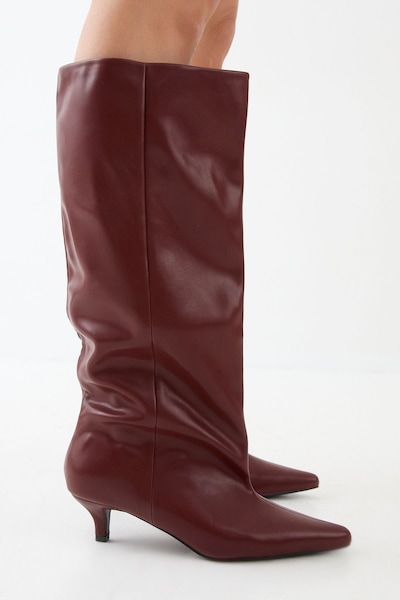 MissPap Low Stiletto Heel Knee High Boots Burgundy