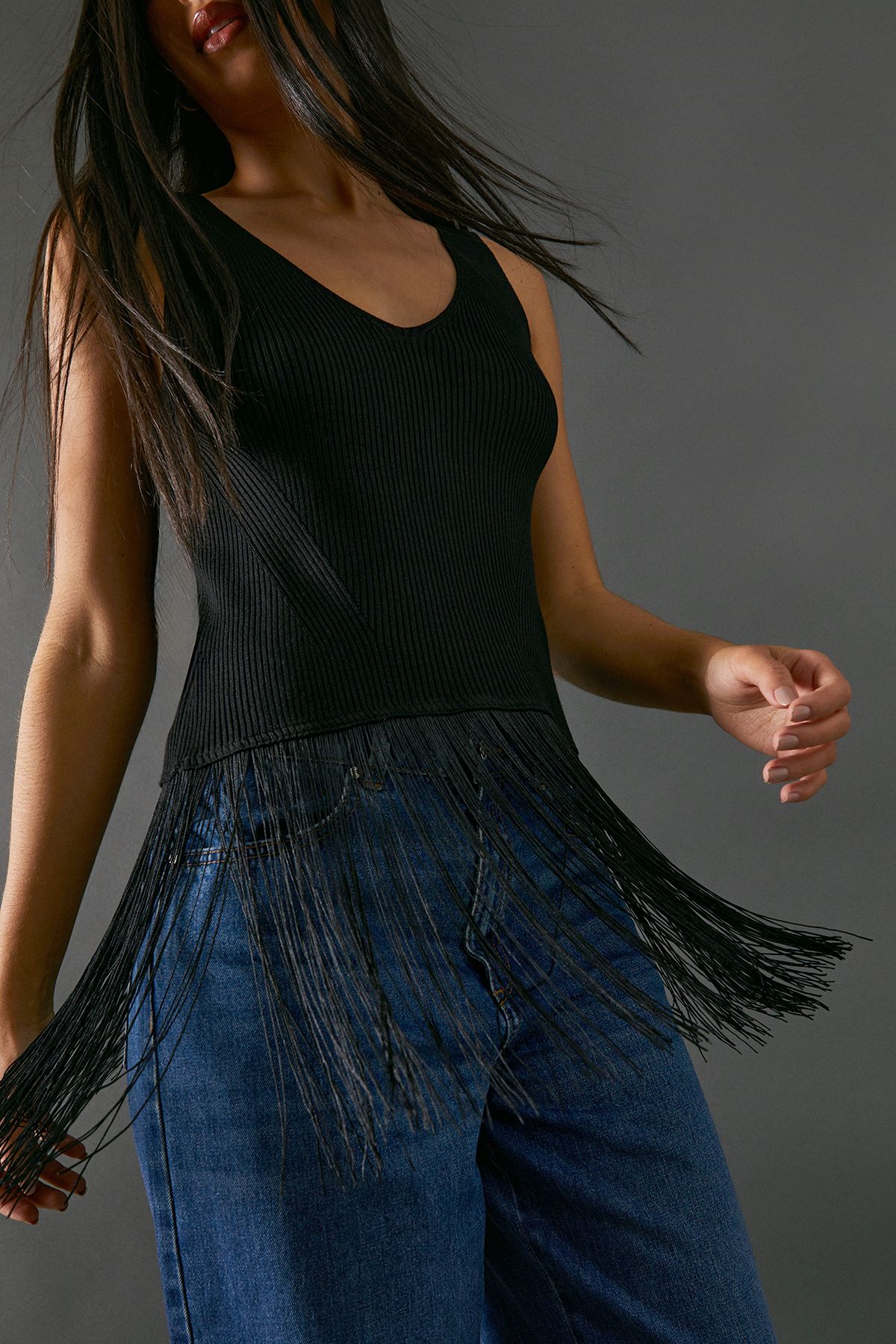Warehouse Sleeveless Fringed Vest Black image 1