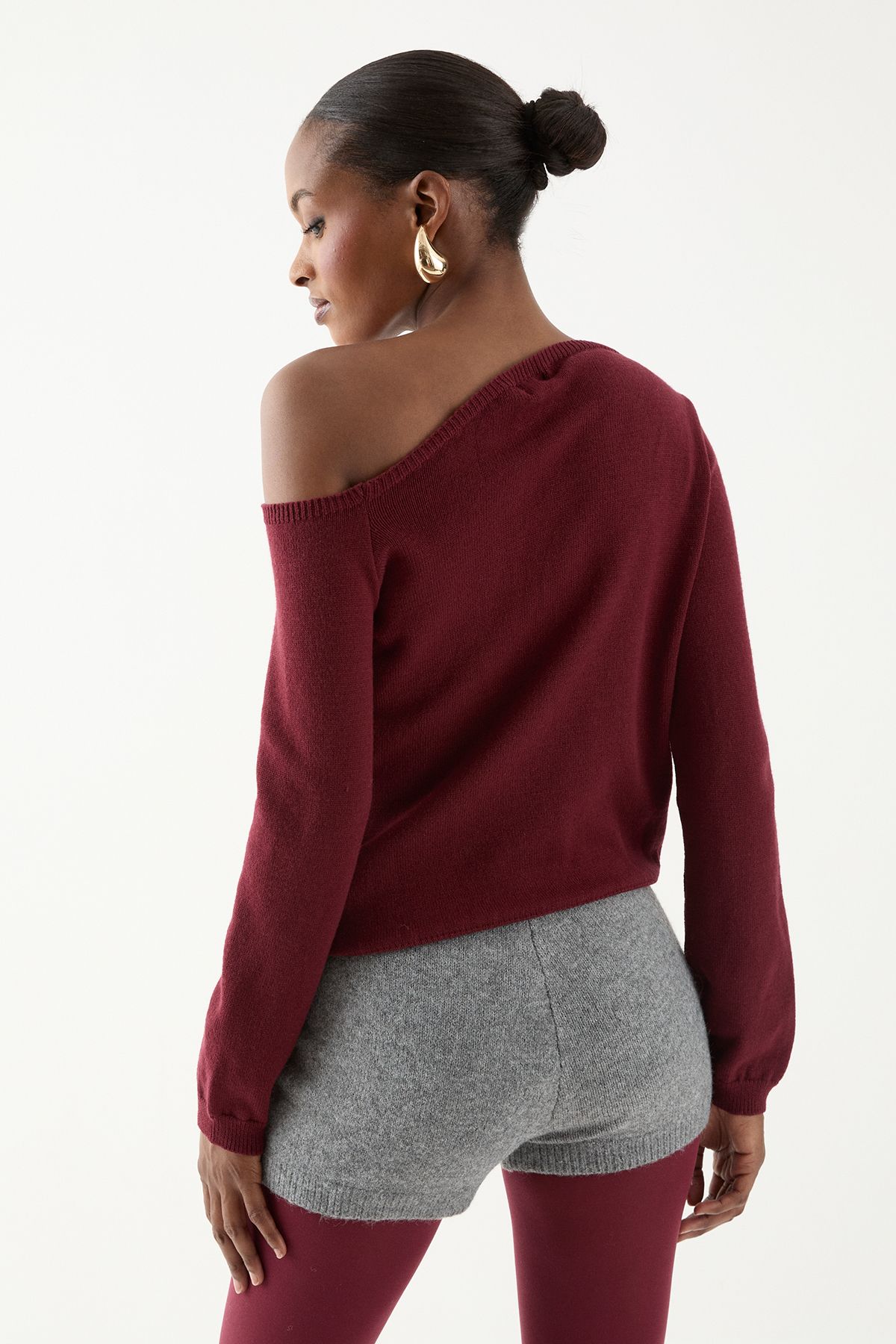 MissPap Knitted Asymmetric Neckline Top Wine image 5