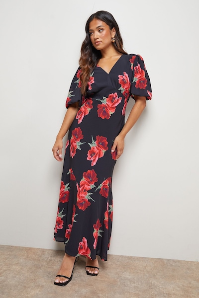 Oasis Petite Printed Chiffon Puff Sleeve Fishtail Midaxi Dress Black