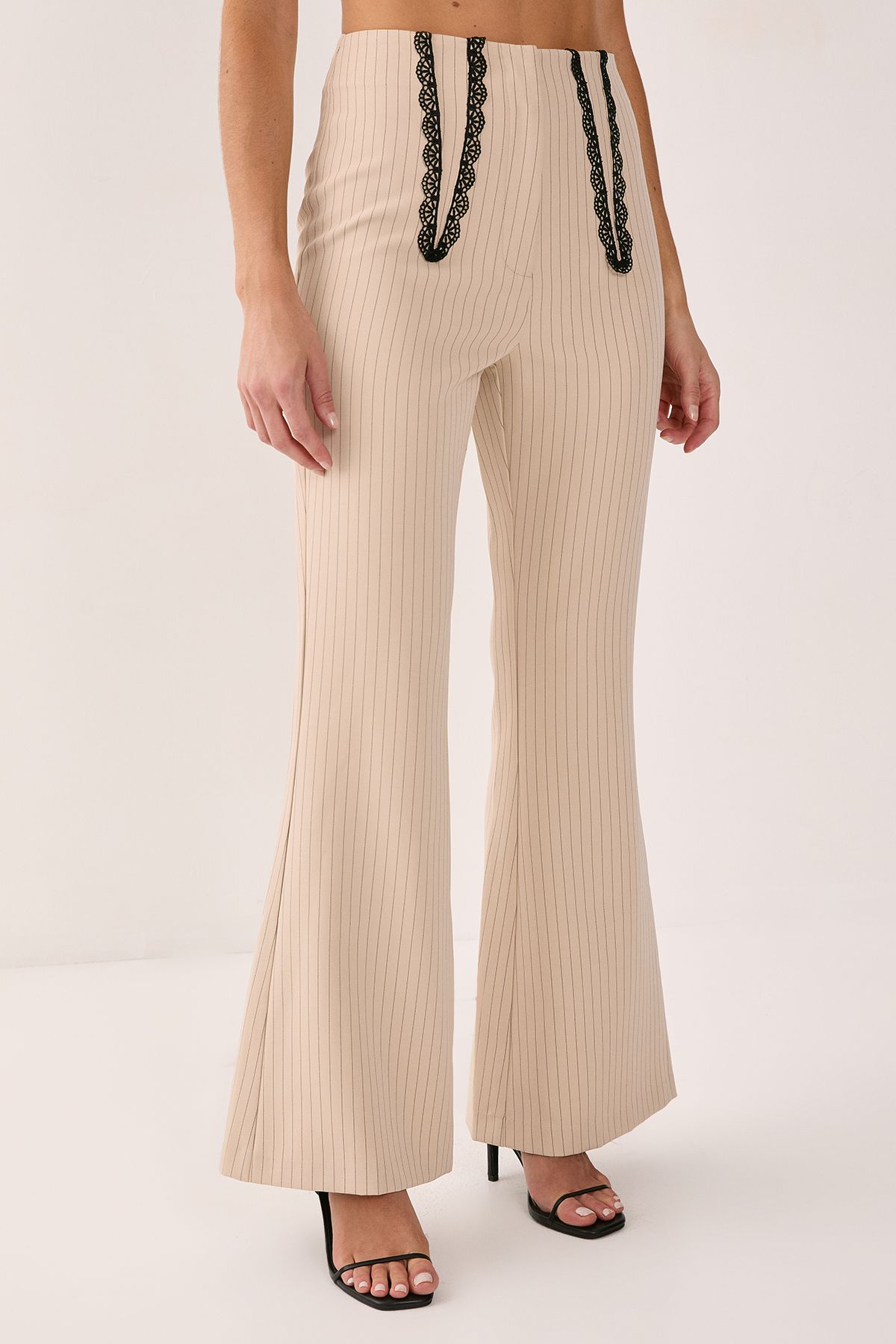 NastyGal Pinstripe Lace Trim Tailored Flared Pants Ecru image 2