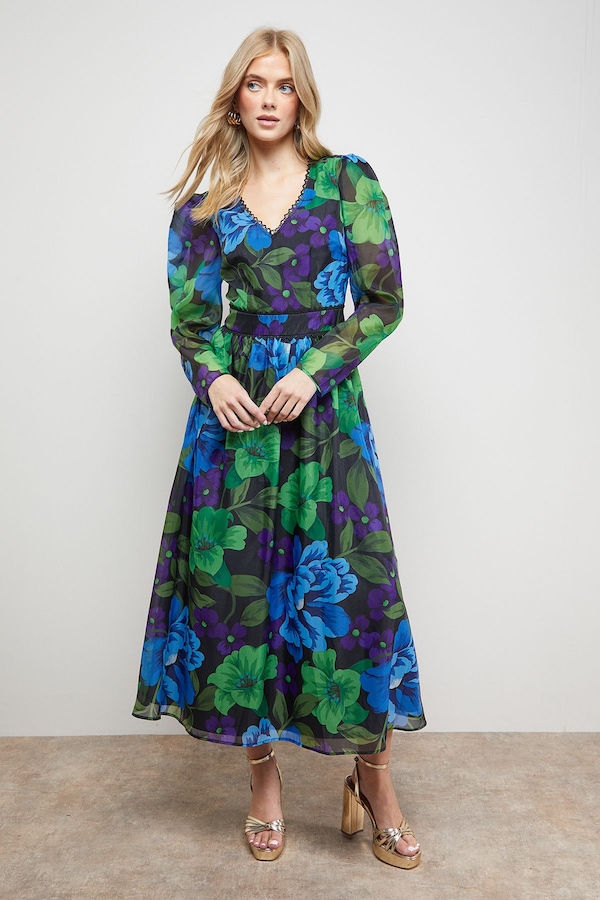 Oasis V Neck Open Back Long Sleeve Midi Dress Multi