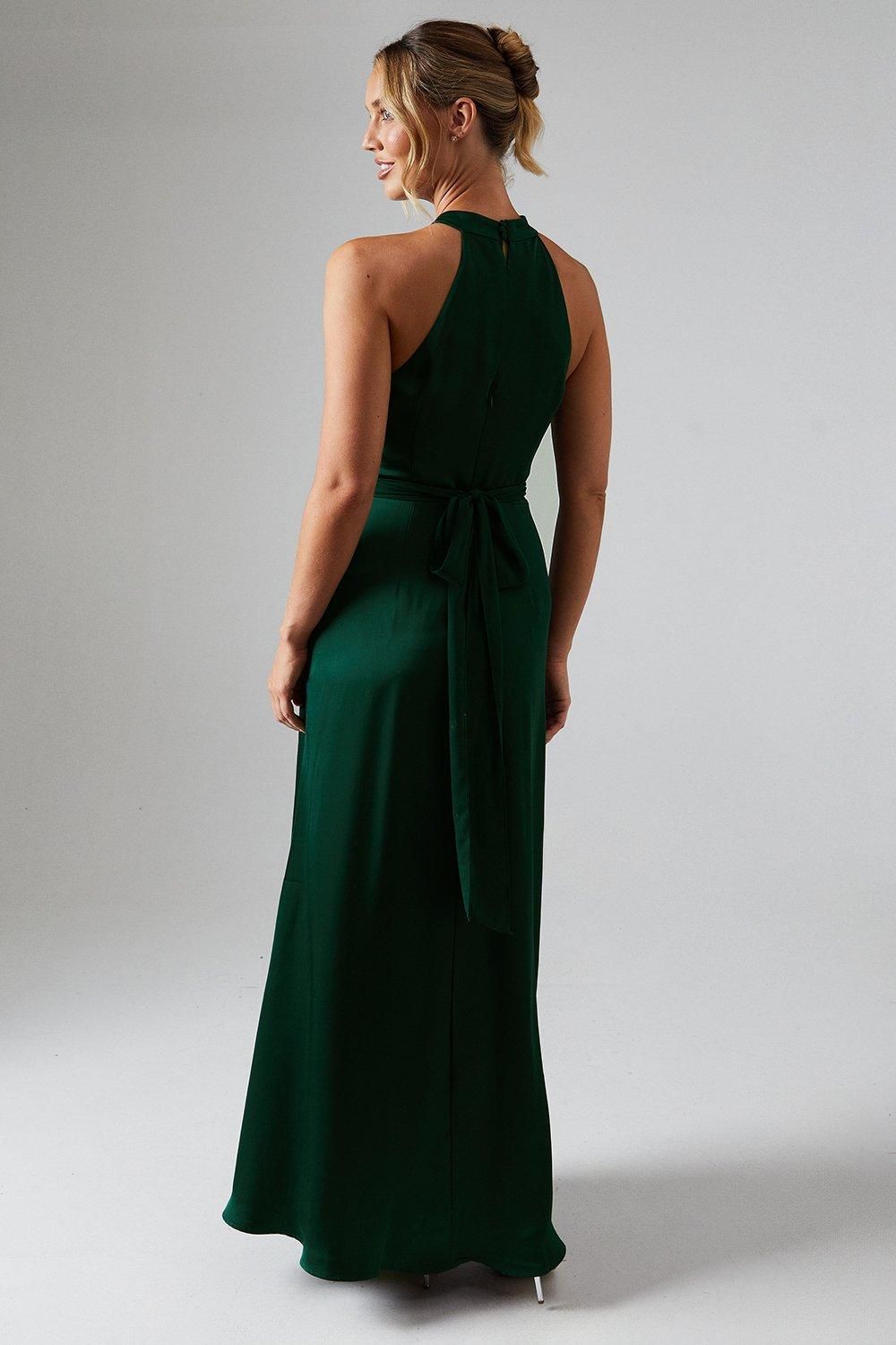 Coast Wrap Waist Detail Satin Halter Neck Bridesmaid Dress Emerald image 3
