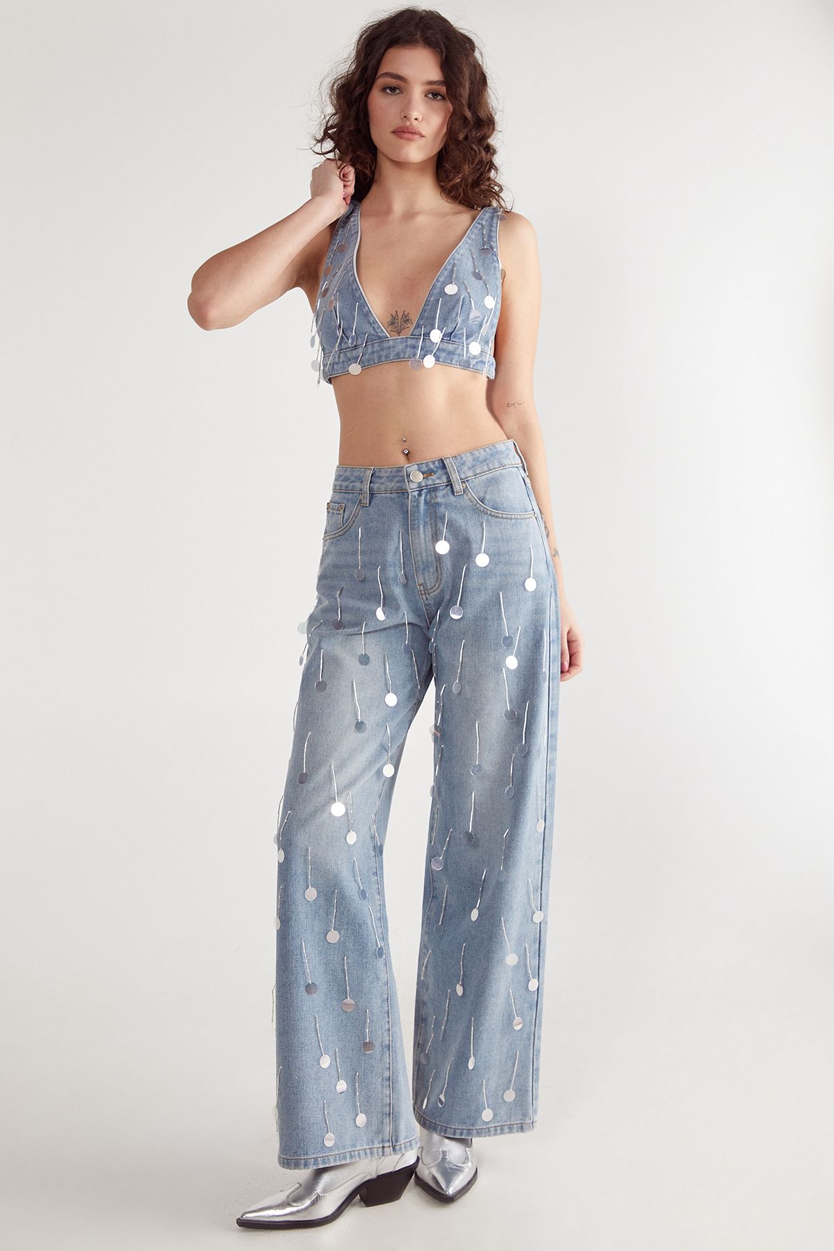NastyGal Bead Embellished Denim Bralet Authentic Midwash image 2