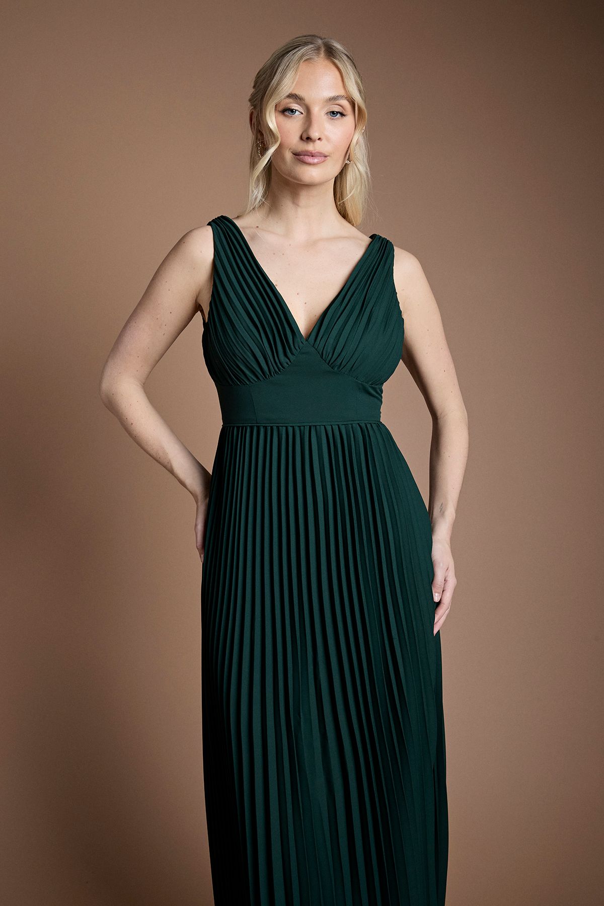 Coast Pleated Plunge Neck Maxi Bridesmaid Dress Emerald image 2