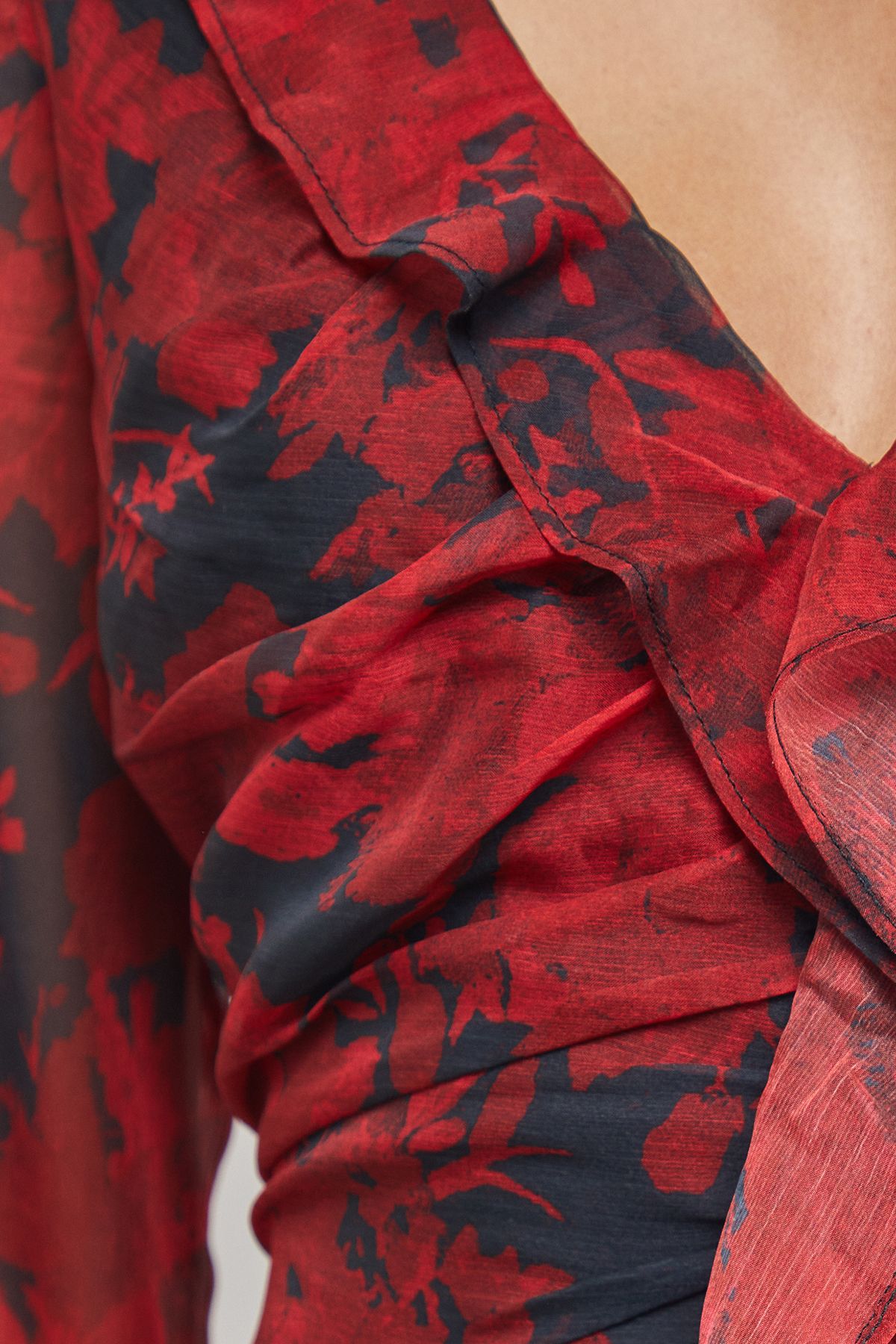 Warehouse Chiffon Ruffle Gathered Bodice Midi Dress Red image 5