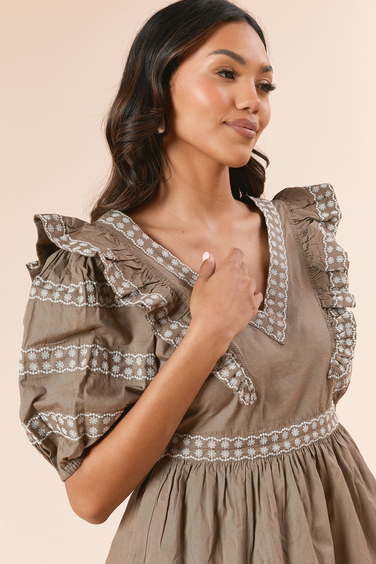 Dorothy Perkins Embroidered Trim Ruffle Shoulder Mini Dress Khaki image 2