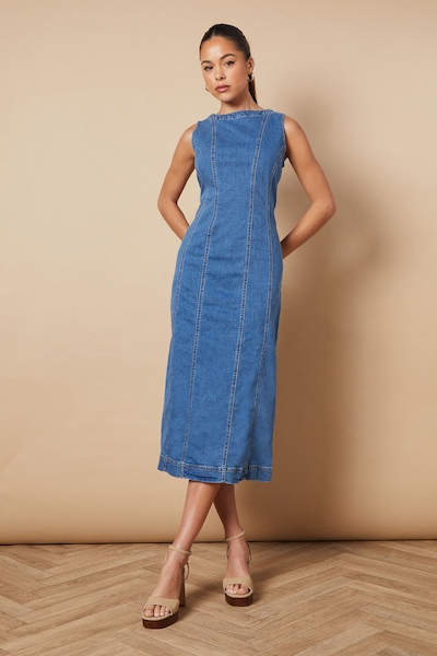 Oasis Sleeveless Denim Maxi Dress With Seam Detail Mid Wash