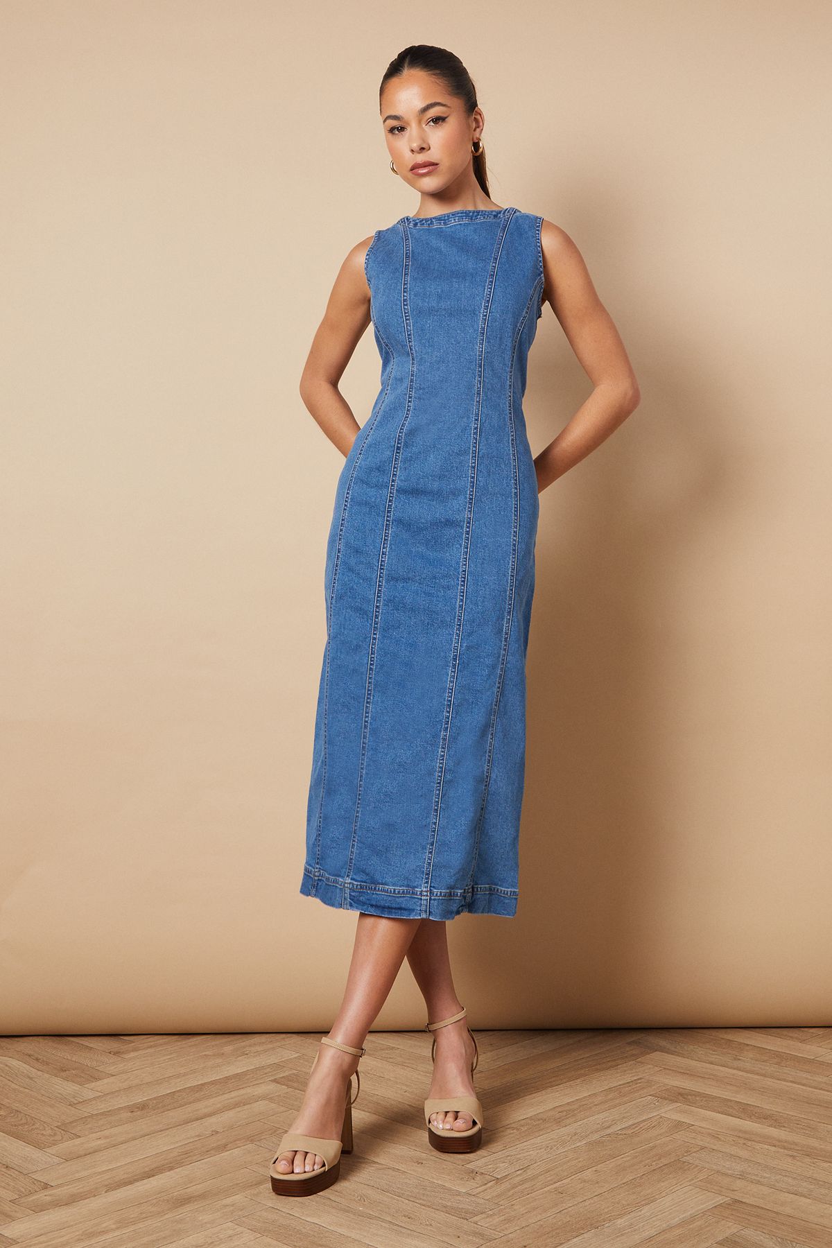 Oasis Mid Wash Sleeveless Denim Maxi Dress With Seam Detail PLT