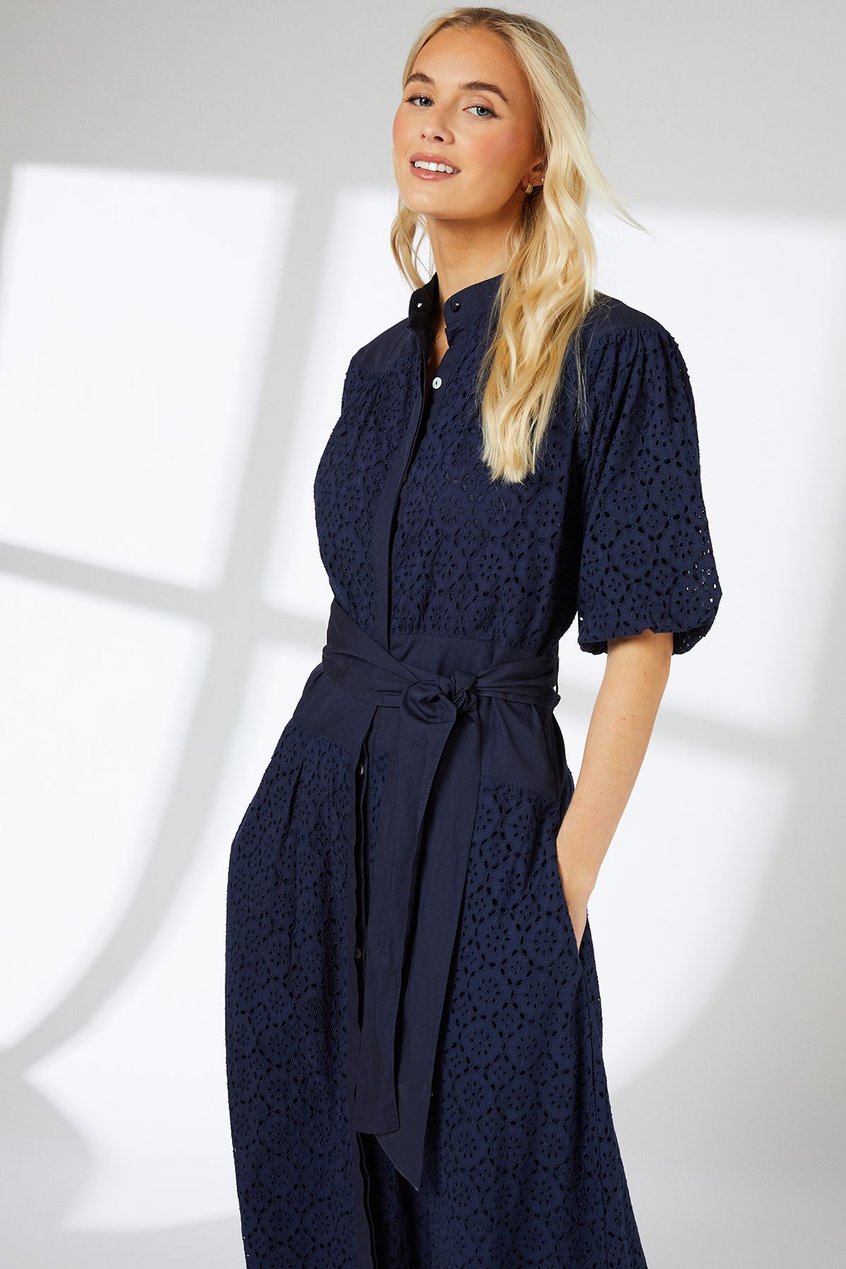 Principles Navy Broderie Belted Contrast Detail Midaxi Dress Navy image 2