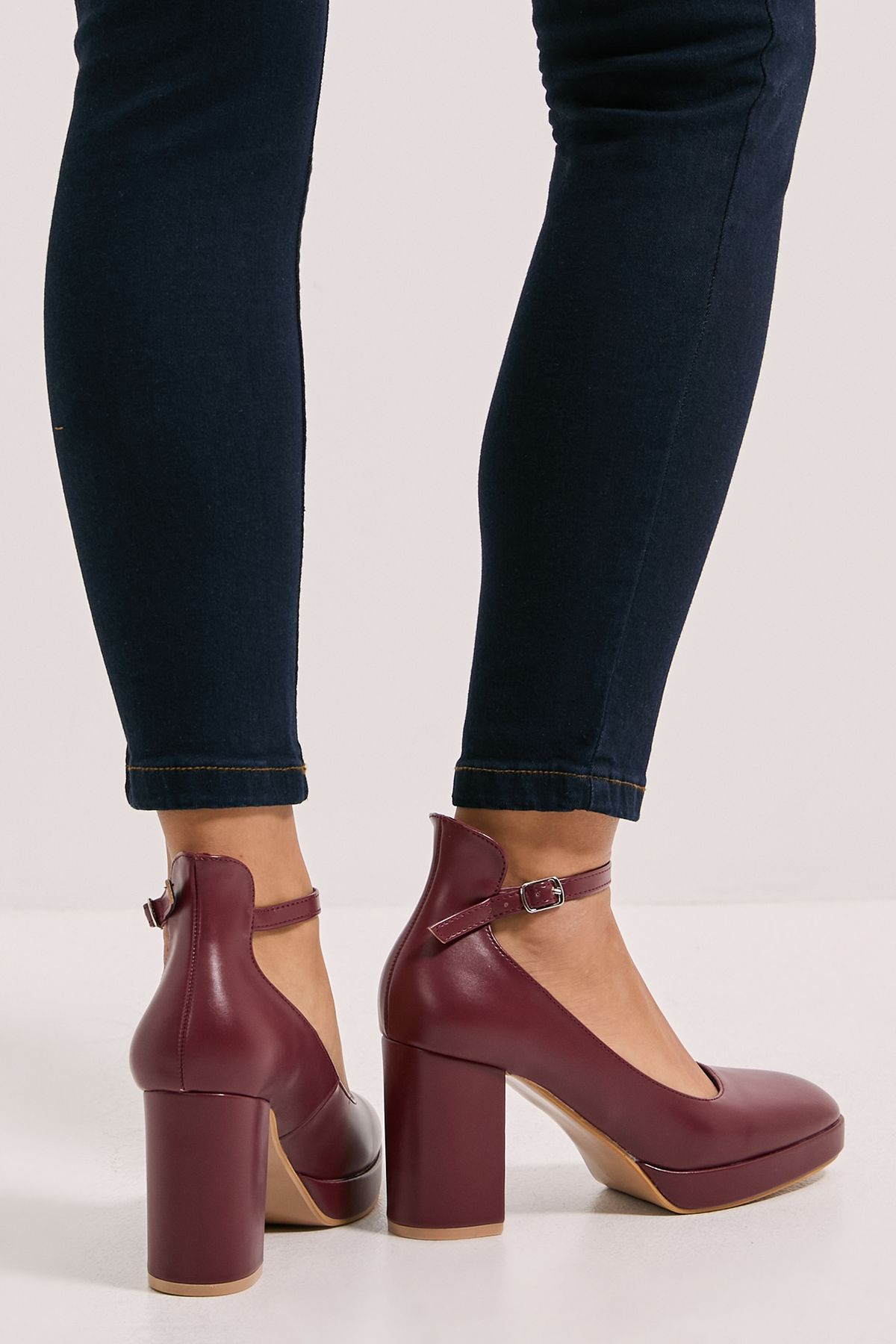 Dorothy Perkins Vanessa Faux Leather Platform Ankle Strap High Block Heel Court Shoes Burgundy image 3