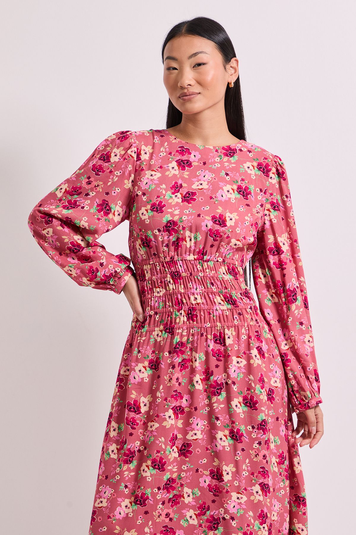 Dorothy Perkins Petite Shirred Dropped Waist Detail Printed Midi Dress Dusty Pink image 2