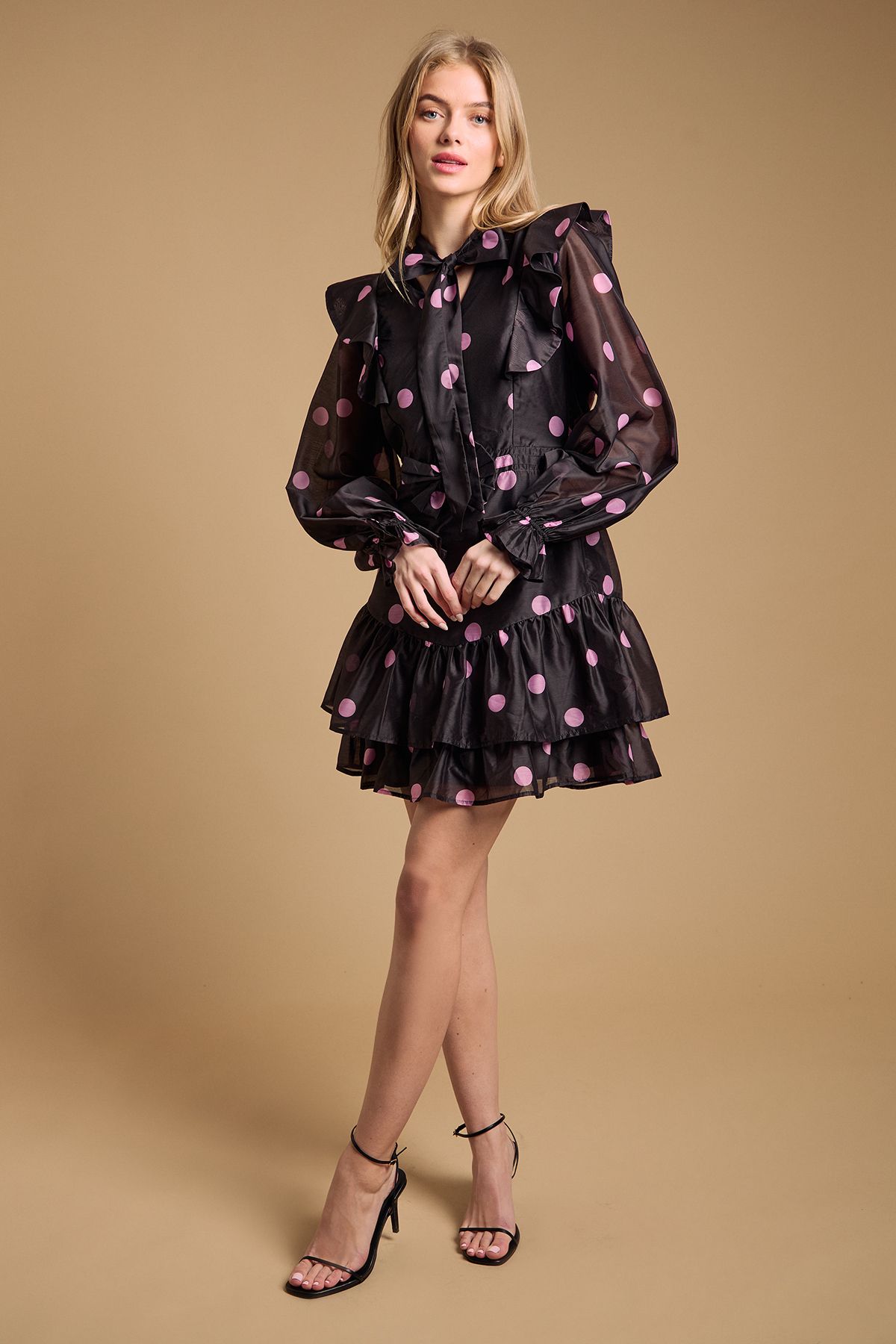 Oasis Tie Neck Ruffle Fit and Flare Mini Dress Black