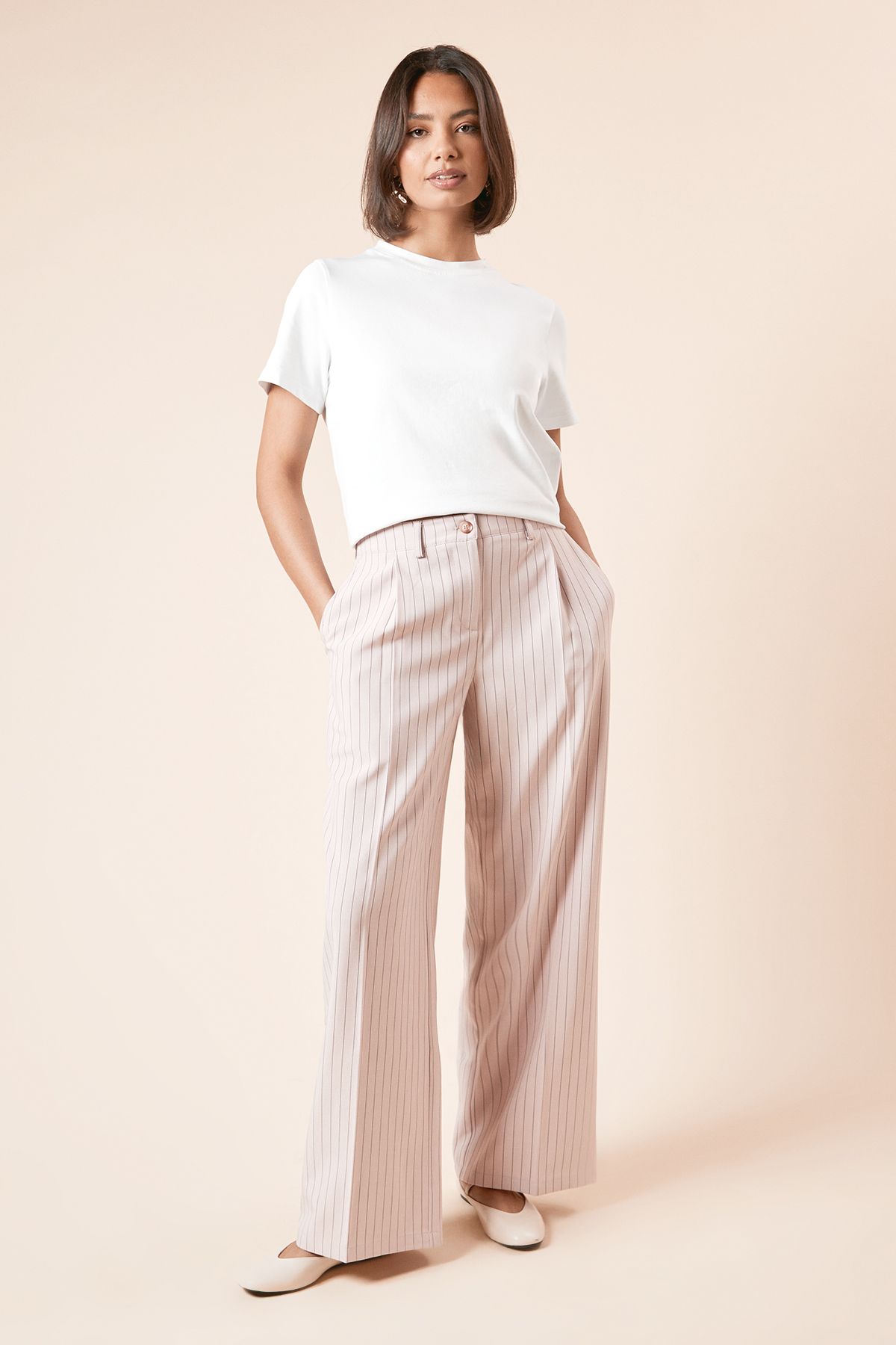 Dorothy Perkins Pinstripe Wide Leg Trouser Pink image 1